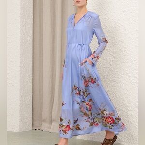 Light Blue Floral Long-Sleeve Maxi Dress